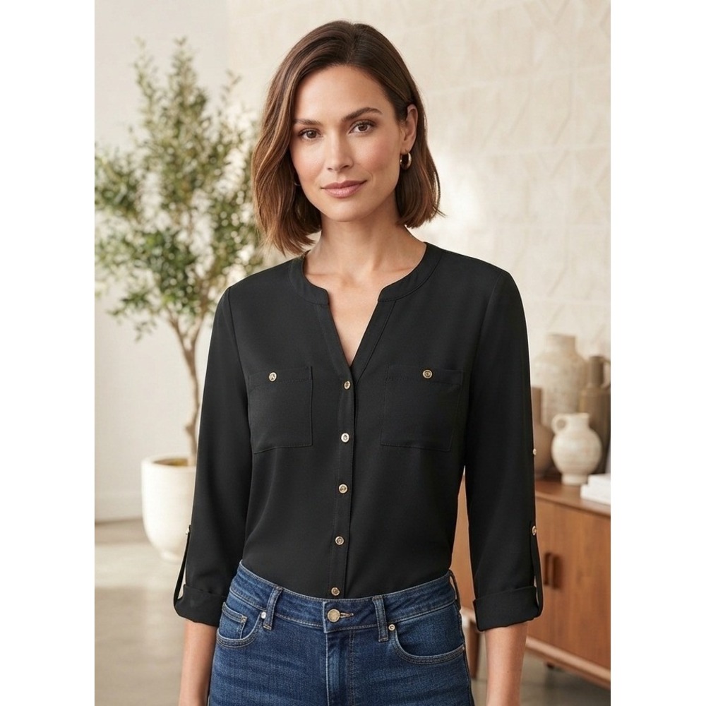 Susan Graver Roll Tab Sleeve Top Women's 10 Black Office Career Woven Pockets